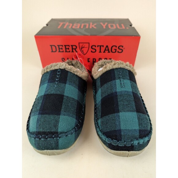 Deer Stags Slipperooz Nordic Slipper Mens 9 Green Black Plaid Faux Fur Shoes NWB - Picture 4 of 10